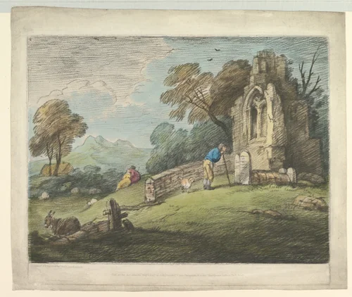 Wooded Landscape with Peasant Reading Tombstone, Rustic Lovers and Ruined Church by Thomas Gainsborough, print, 1797