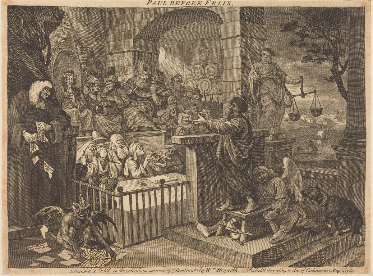 Paul before Felix Burlesqued by William Hogarth, print, 1751