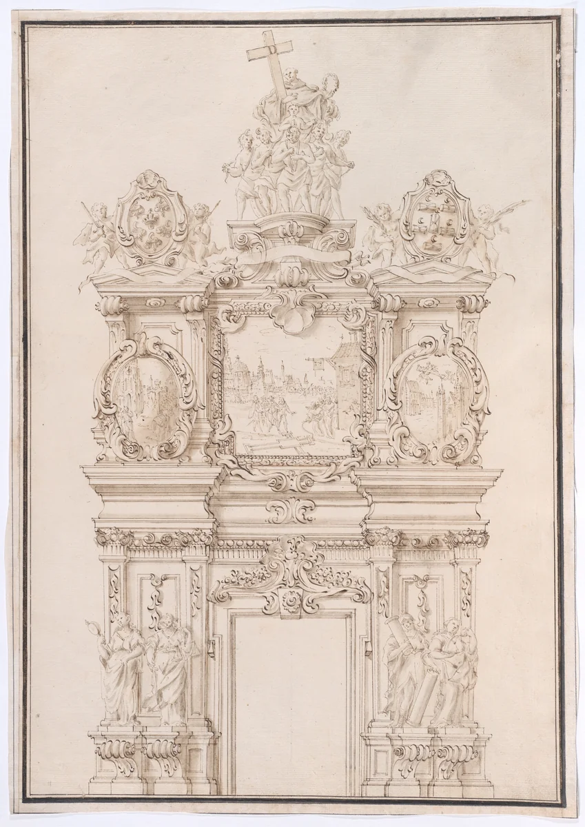 Elevation for a Wall Decoration Scheme for a Church Interior with Scenes dedicated to the Legend of the Holy Cross by anonymous, drawing, 1710-1730