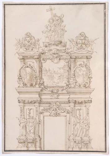 Elevation for a Wall Decoration Scheme for a Church Interior with Scenes dedicated to the Legend of the Holy Cross by anonymous, drawing, 1710-1730