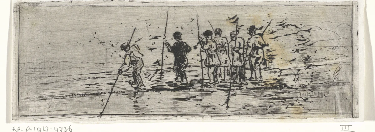 Figuren met vaarbomen op een drijvend vlonder by Arnoud Schaepkens, print, 1831-1904