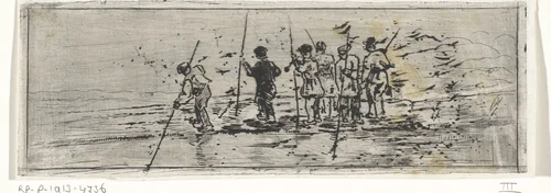 Figuren met vaarbomen op een drijvend vlonder by Arnoud Schaepkens, print, 1831-1904