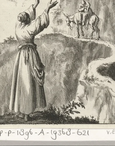 Vrouw kijkt verschrikt naar een slapende man die op een ezel een smal bergpad bestijgt by Jan Luyken, print, 1687