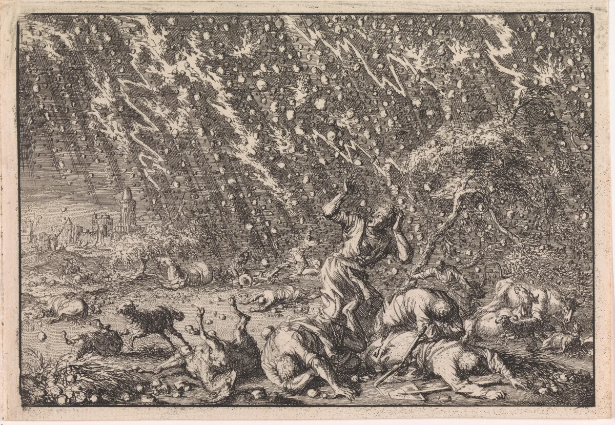 Plaag van hagel en onweer by Jan Luyken, print, 1703