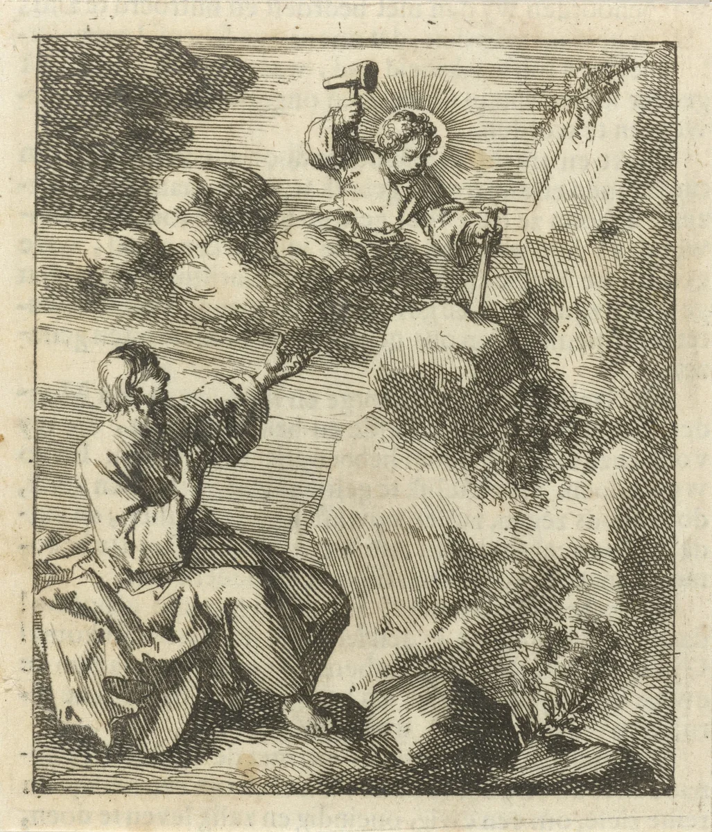 Man kijkt toe hoe Christus vanuit de wolken met hamer en beitel een stuk steen van een rots loshakt by Jan Luyken, print, 1689
