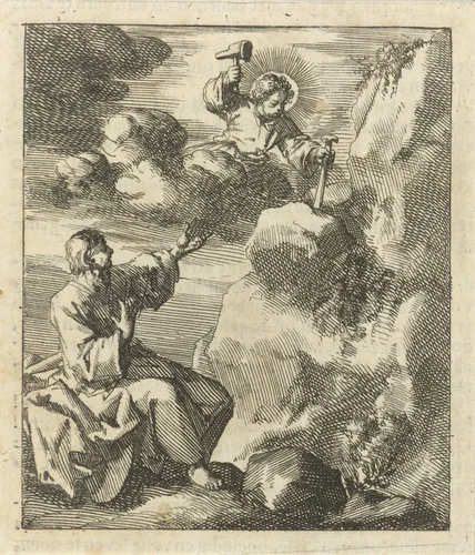 Man kijkt toe hoe Christus vanuit de wolken met hamer en beitel een stuk steen van een rots loshakt by Jan Luyken, print, 1689