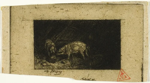Two Pigs Eating from a Trough by Charles-Émile Jacque, print, 1844