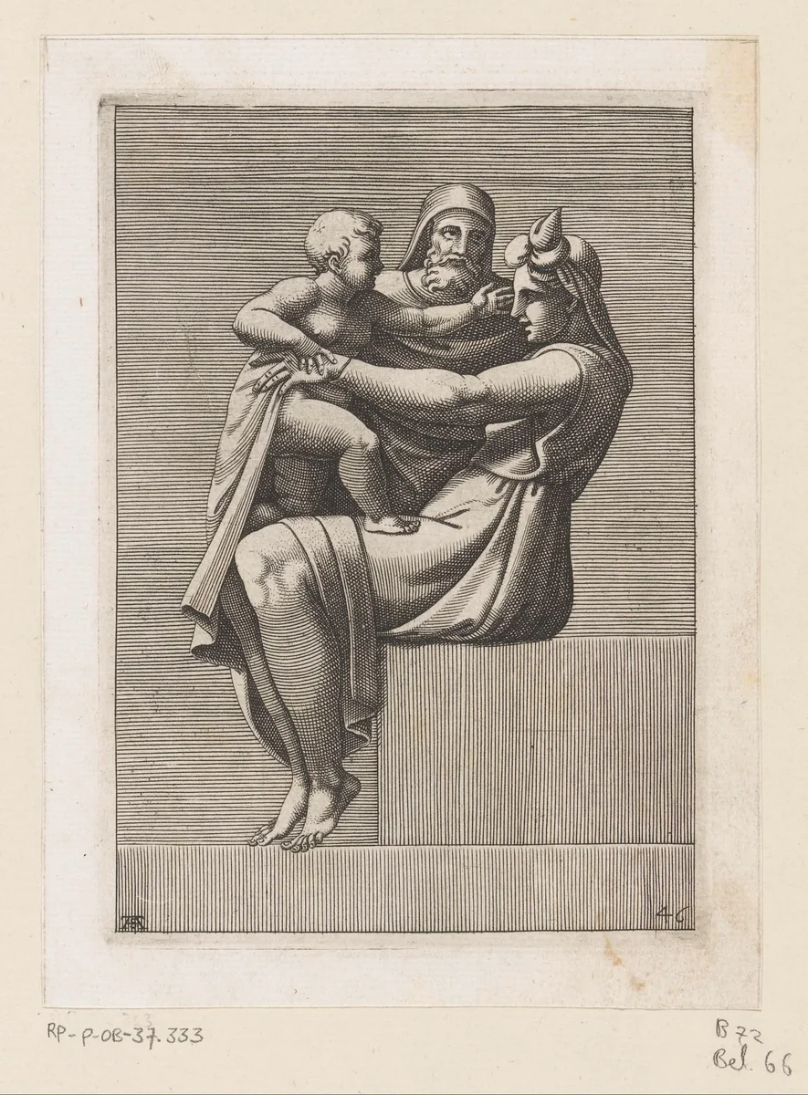 Zittende vrouw met kind en oude man by Unknown, print, 1585