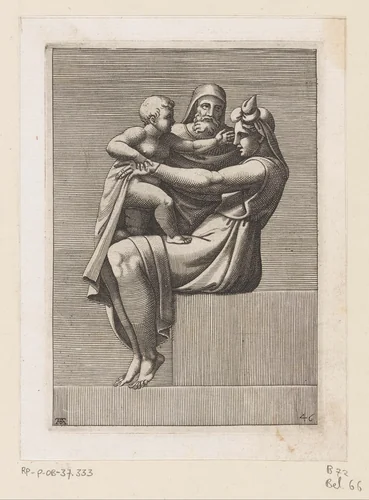 Zittende vrouw met kind en oude man by Unknown, print, 1585