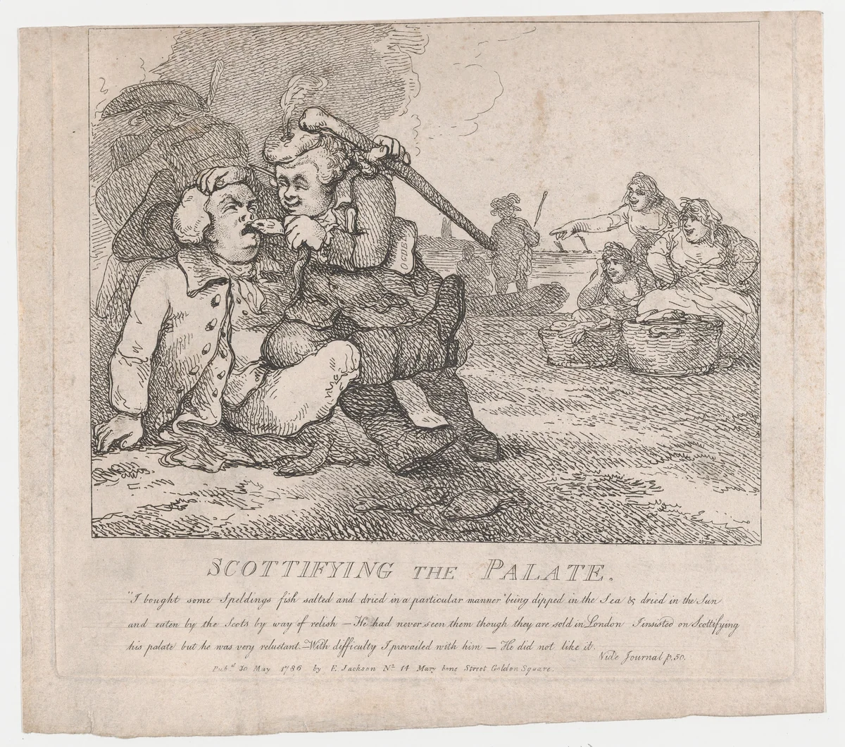 Scottifying the Palate (Picturesque Beauties of Boswell, Part the First) by Thomas Rowlandson, print, 1786