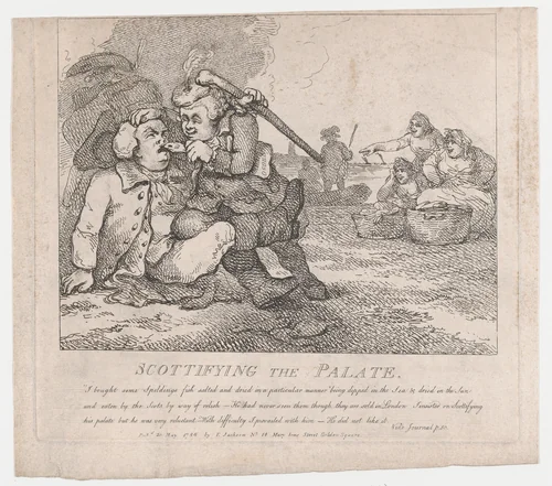 Scottifying the Palate (Picturesque Beauties of Boswell, Part the First) by Thomas Rowlandson, print, 1786