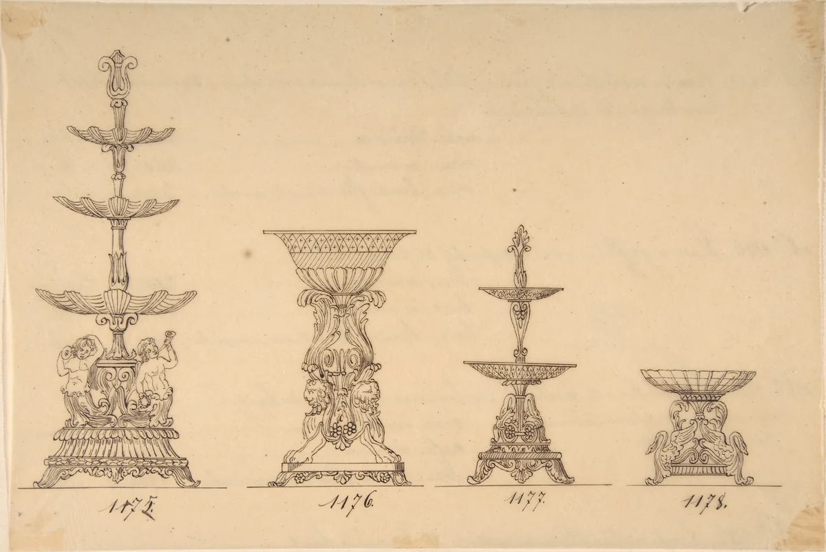 Designs for Two Servers and Two Compote Dishes by anonymous, drawing, 1800-1899