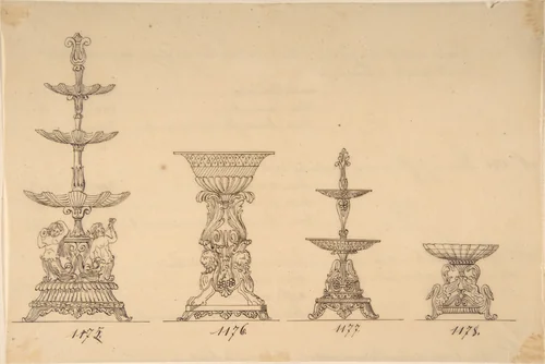Designs for Two Servers and Two Compote Dishes by anonymous, drawing, 1800-1899