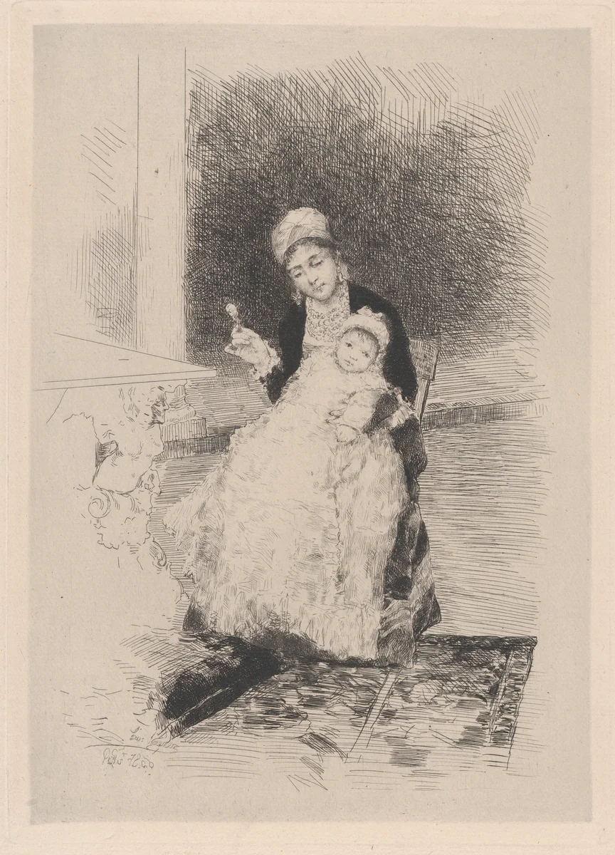 A seated woman holding a child by Luis Jimenez, print, 1795-1805