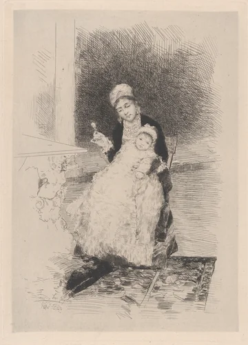 A seated woman holding a child by Luis Jimenez, print, 1795-1805