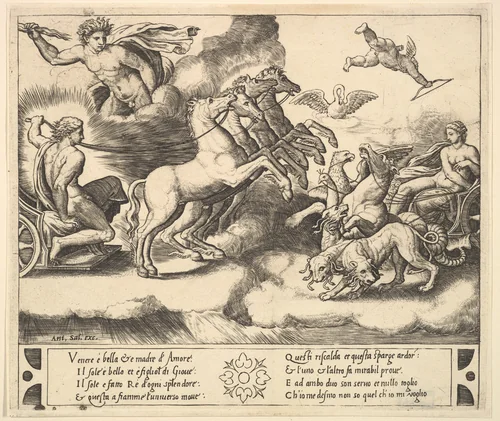 Apollo in his horse-drawn chariot at the left, above him above Jupiter hurls a thunderbolt, Venus at right in her chariot drawn by animals, from "Story of Apollo and Daphne" by Master of the Die, print, 1530-1560