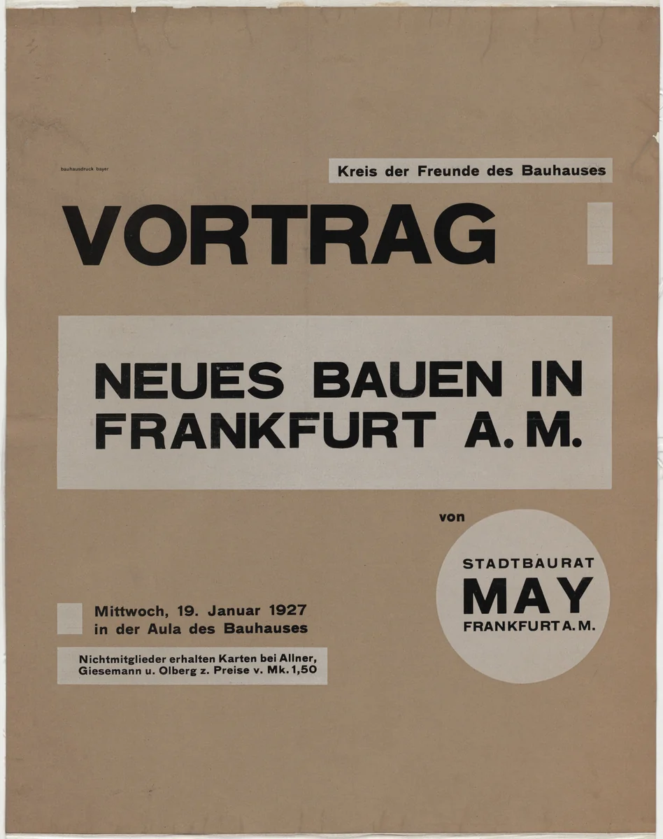 Neues Bauen in Frankfurt a.M (New architecture in Frankfurt am Main) (Poster advertising Ernst May lecture at the Bauhaus, Dessau, Germany) by Herbert Bayer, design, 1927