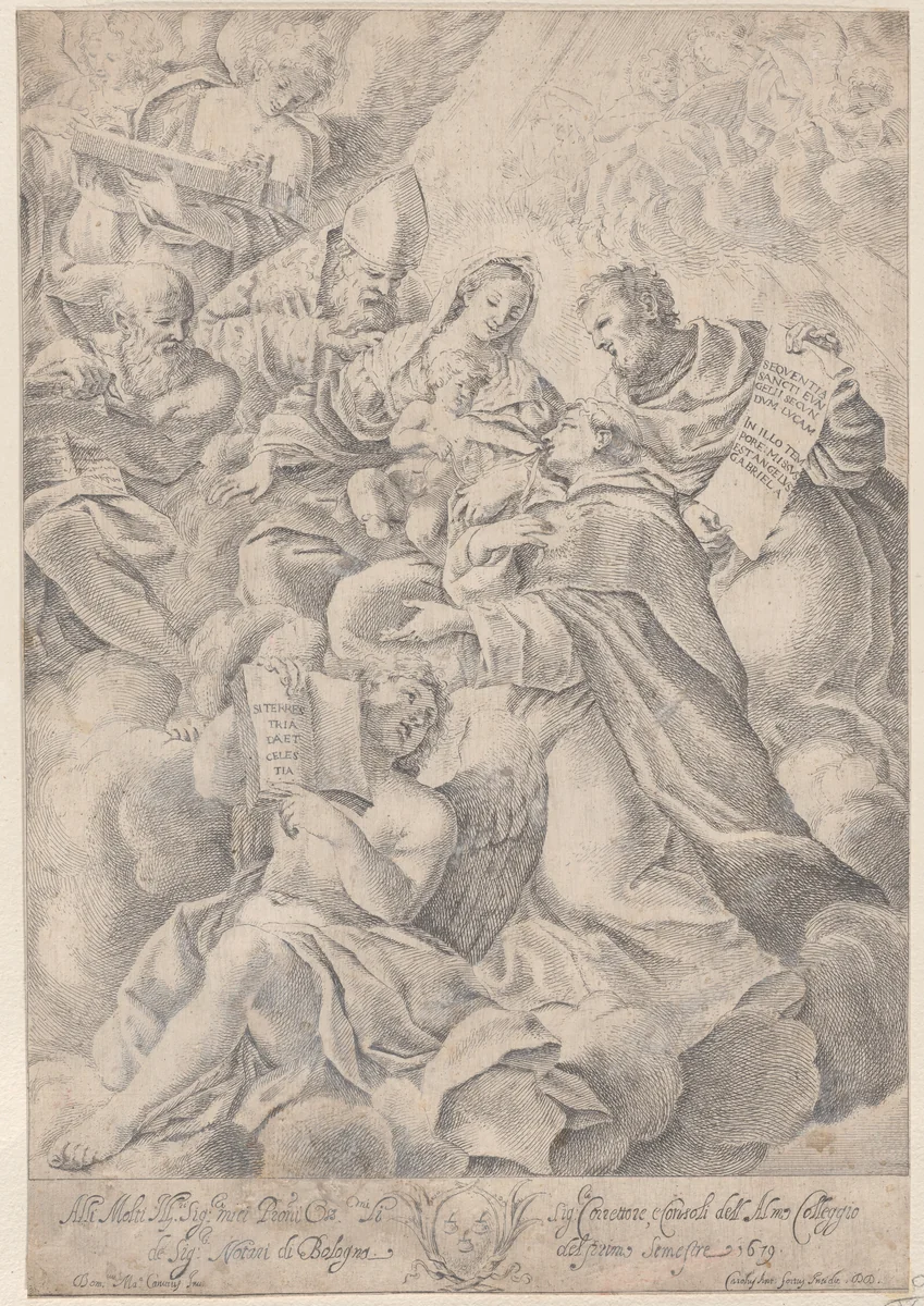 A male saint kneeling before the Christ child by Carlo Antonio Forti, print, 1679