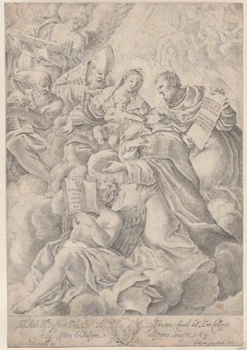A male saint kneeling before the Christ child by Carlo Antonio Forti, print, 1679