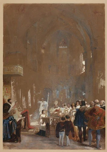 Ceremony in a Cathedral by Louis Haghe or Joseph Nash, painting, 1800-1899