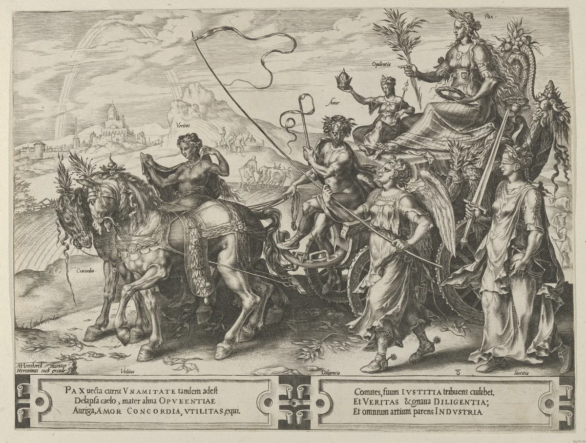 The Triumph of Peace, from The Cycle of the Vicissitudes of Human Affairs, plate 8 by Cornelis Cort, print, 1564