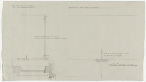 Wolf House, Gubin, Poland (Elevation, two sections. Garden shed door and and fastening of pergola trellis) by Ludwig Mies van der Rohe, mies van der rohe archive, 1925