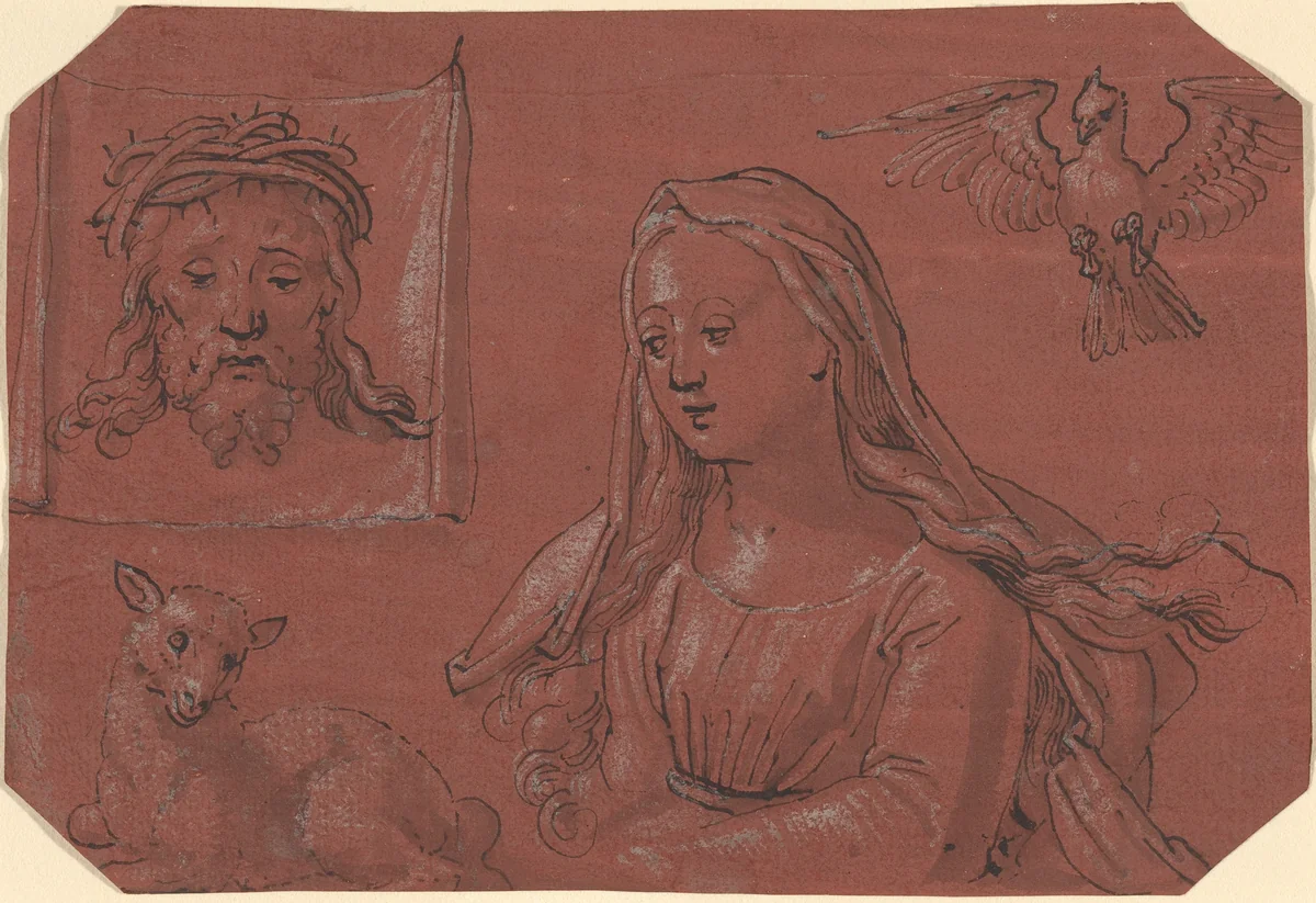 Studies of Sudarium and Saint Agnes by Tobias Stimmer, drawing, 1539-1584