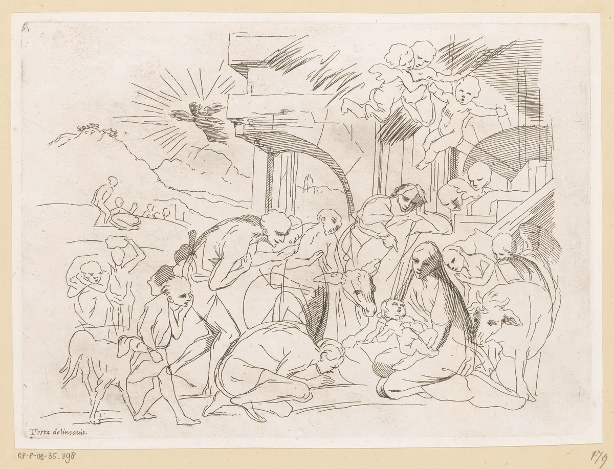 Aanbidding door de herders by anonymous, print, 1650-1750