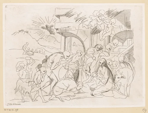 Aanbidding door de herders by anonymous, print, 1650-1750