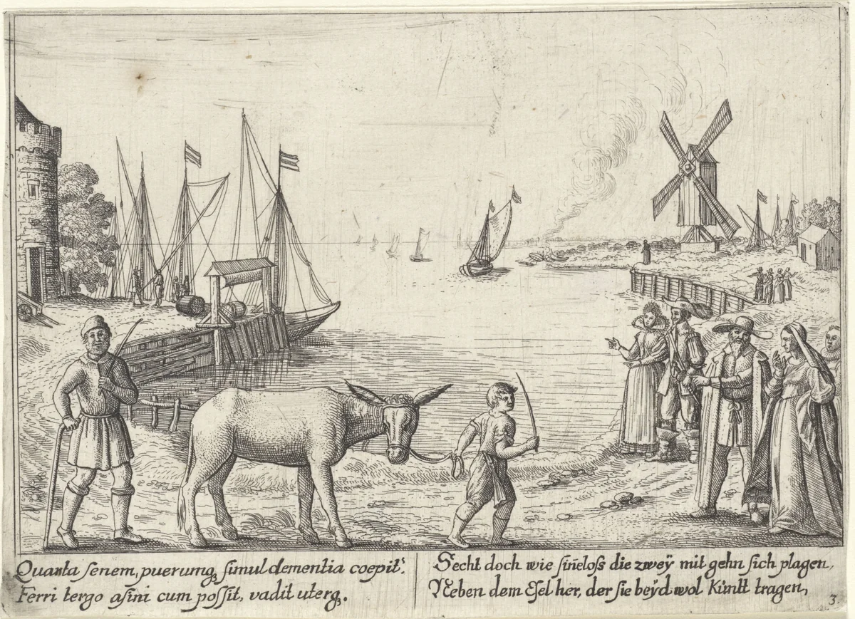 Fabel van de boer en zijn ezel; Zowel de boer als zijn zoon lopen by Wenceslaus Hollar, print, 1627-1628