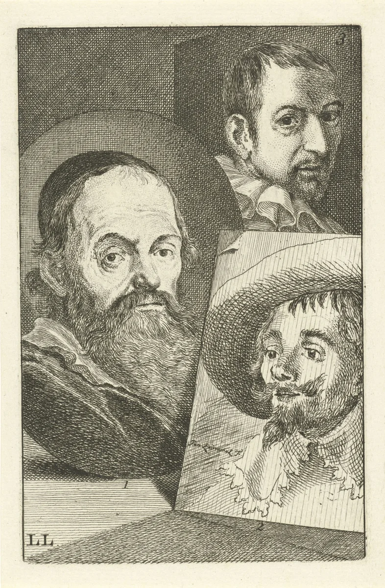 Portretten van Hendrick Goltzius, Hendrik Cornelisz Vroom en Cornelis Cornelisz. van Haarlem by Jan l' Admiral, print, 1764