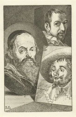 Portretten van Hendrick Goltzius, Hendrik Cornelisz Vroom en Cornelis Cornelisz. van Haarlem by Jan l' Admiral, print, 1764