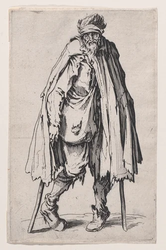 Le Mendiant aux Béquilles et a la Besace (The Beggar with the Crutches and the Pouch), from "Les Gueux suite appelée aussi Les Mendiants, Les Baroni, ou Les Barons" (The Beggars, also called the Barons) by Jacques Callot, print, 1618-1628