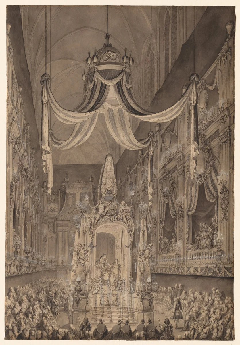 Funeral for Marie-Thérèse of Spain, Dauphine of France, in the Church of Nôtre Dame, Paris, on November 24, 1746 by Charles Nicolas Cochin, drawing, 1746-1750