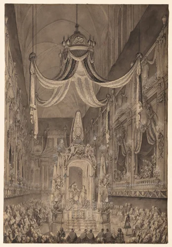 Funeral for Marie-Thérèse of Spain, Dauphine of France, in the Church of Nôtre Dame, Paris, on November 24, 1746 by Charles Nicolas Cochin, drawing, 1746-1750