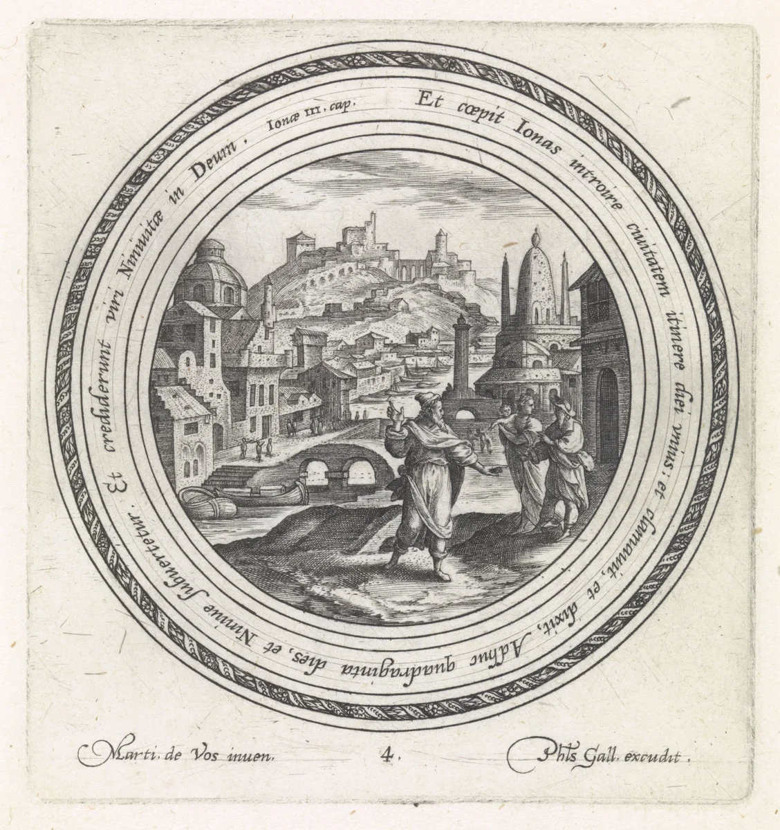 Jona preekt in Nineve by Crispijn van de Passe, print, 1580-1588