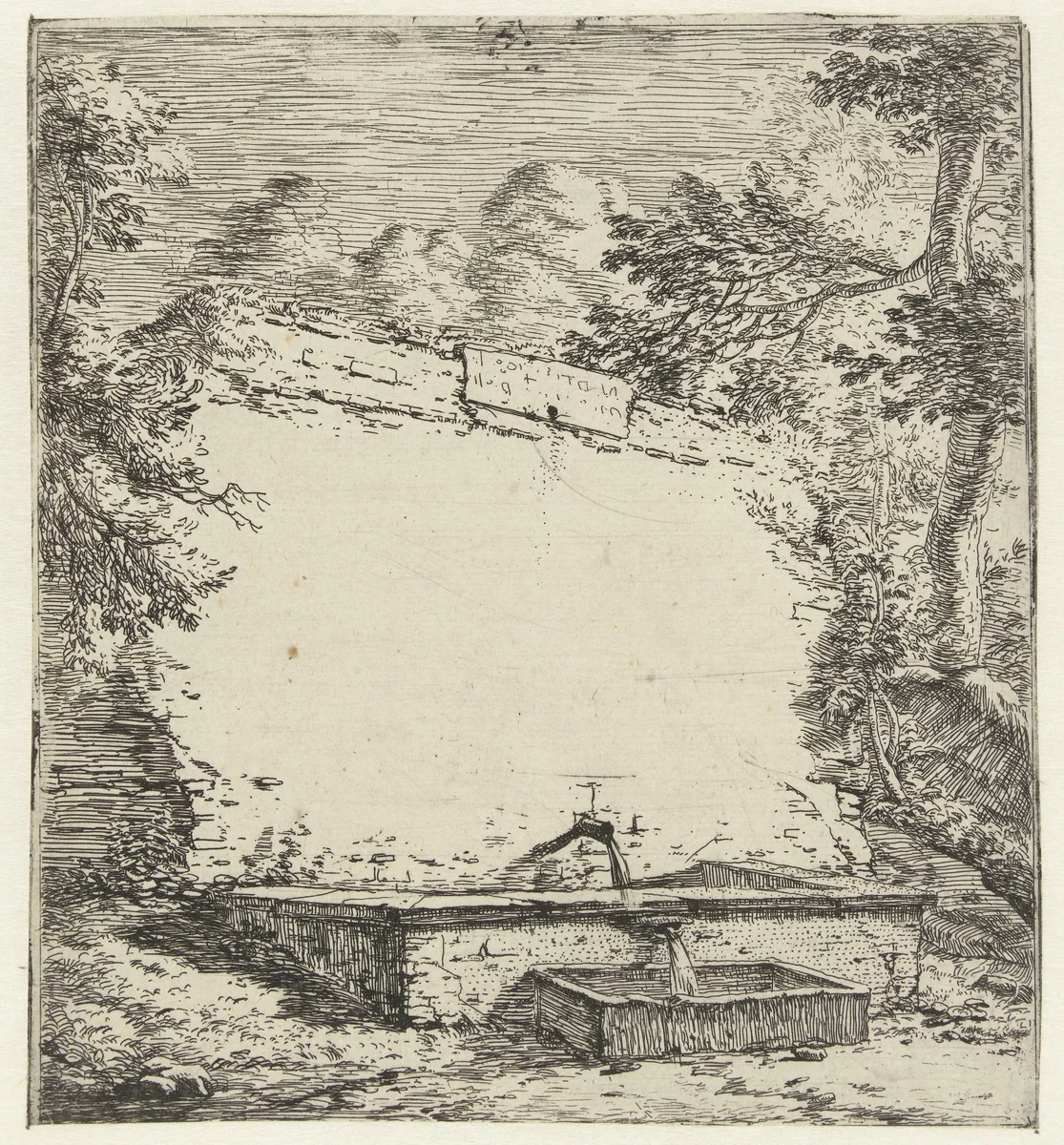 Titelprent met muur en fontein by Karel du Jardin, print, 1652