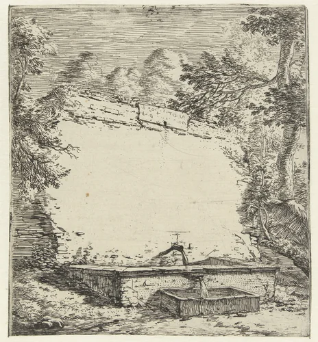 Titelprent met muur en fontein by Karel du Jardin, print, 1652