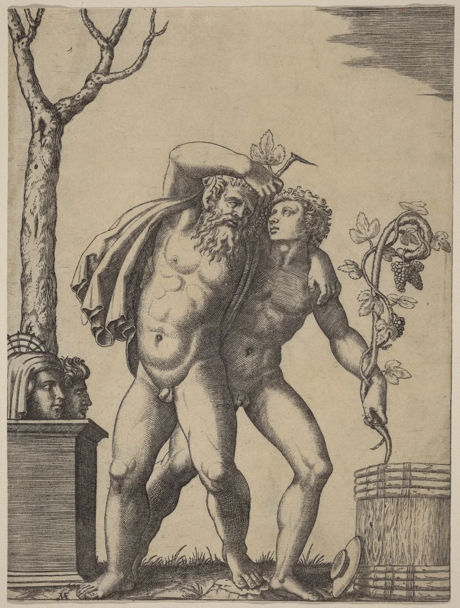 A Young and an Old Bacchant by Marcantonio Raimondi, print, 1510-1536