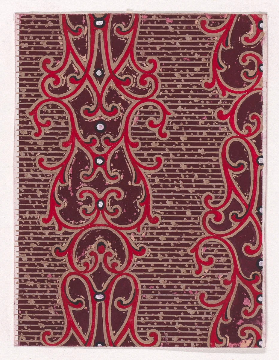 Textile Design with Vertical Strips of Pearls Framed by Ornamental Scrolling Motifs over a Striped Background with Dots by anonymous, drawing, 1840