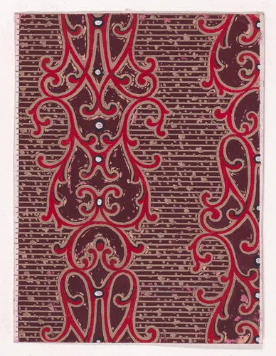 Textile Design with Vertical Strips of Pearls Framed by Ornamental Scrolling Motifs over a Striped Background with Dots by anonymous, drawing, 1840