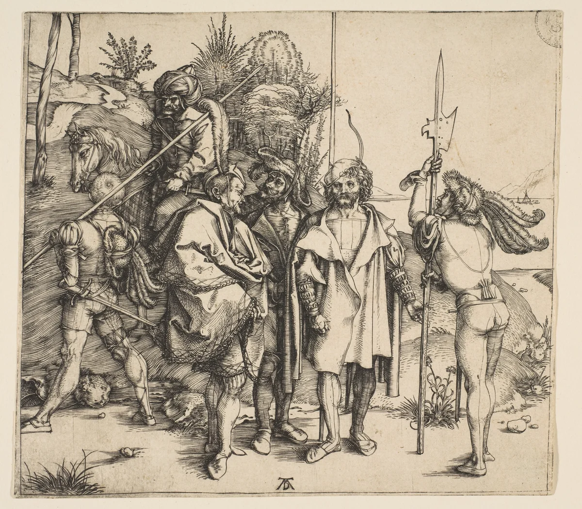 Five Foot Soldiers and a Mounted Turk by Albrecht Dürer, print, 1495