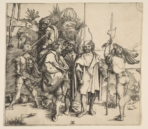 Five Foot Soldiers and a Mounted Turk by Albrecht Dürer, print, 1495