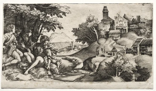 Shepherds in a Landscape by Giulio Campagnola, print, 1512-1522