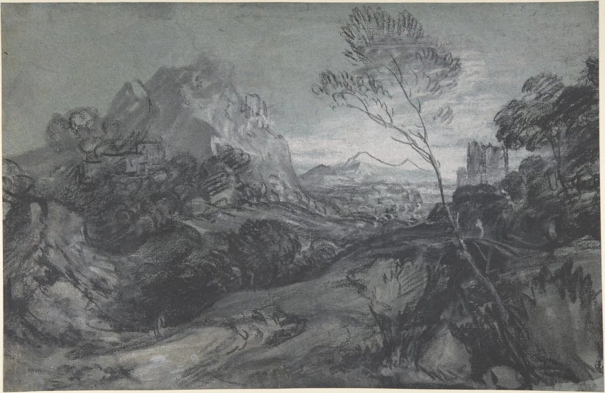 Mountain Landscape with Figures and Buildings by Thomas Gainsborough, drawing, 1780-1789