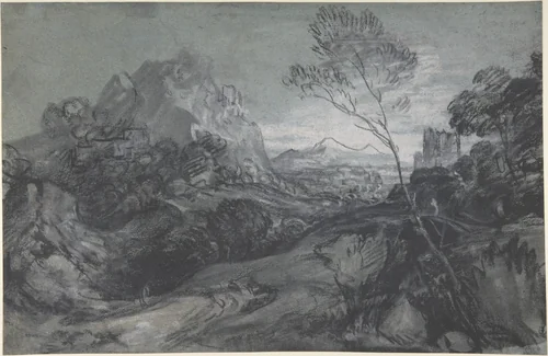 Mountain Landscape with Figures and Buildings by Thomas Gainsborough, drawing, 1780-1789
