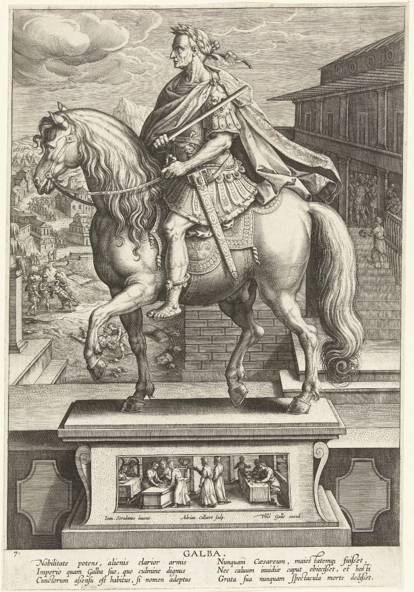 Keizer Galba te paard by Unknown, print, 1587-1589