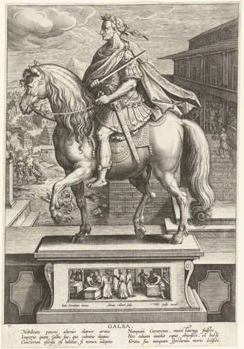 Keizer Galba te paard by Unknown, print, 1587-1589