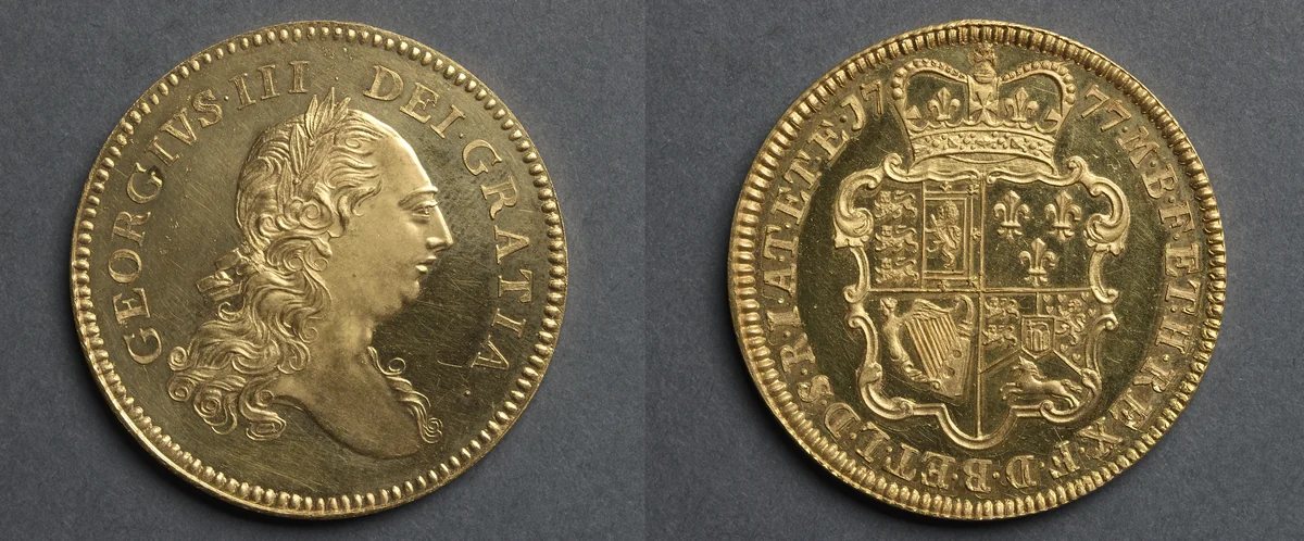 Five Guineas: George III (obverse); Shield of Arms (reverse) by Richard Yeo, metalwork, 1777