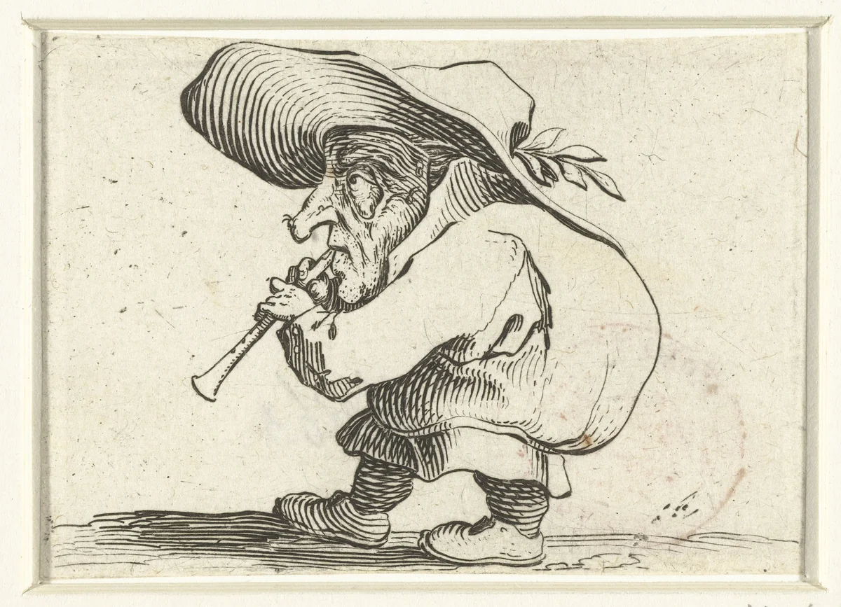 Kleine mens (karikatuur) met fluit (flageolet) by Jacques Callot, print, 1621-1625